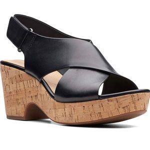 Clarks Women's Maritsa Lara Shoe Black Cork Wedge Size 10